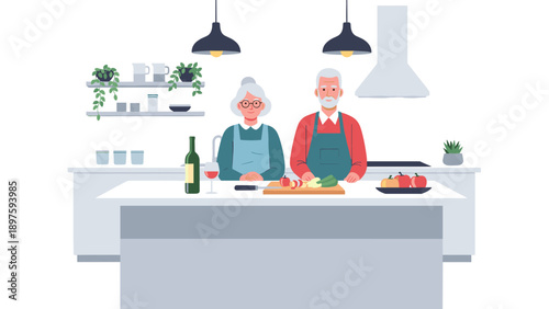Elderly couple cooking together in modern kitchen with fresh ingredients