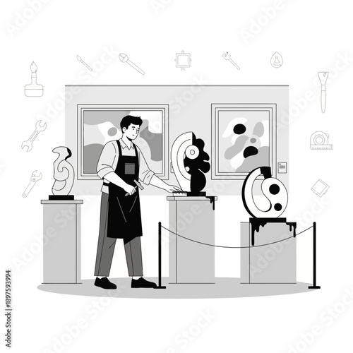 Artist Sculpting Abstract Forms Inside A Modern Gallery Space