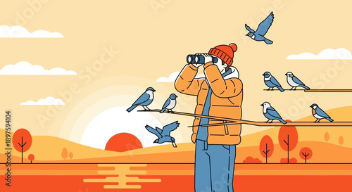 Birdwatching Enthusiast Observing Avian Life During Golden Hour Landscape