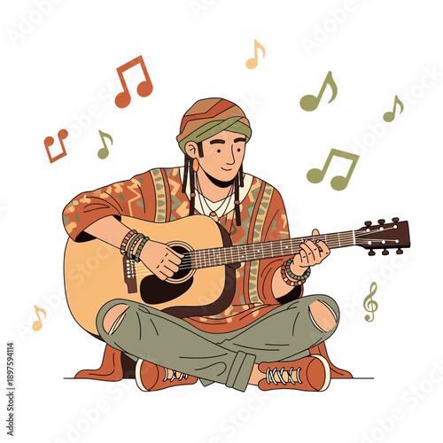 Bohemian Musician Playing Acoustic Guitar Surrounded By Musical Notes