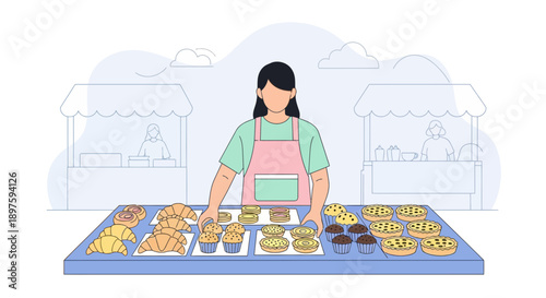 Artistic Depiction Of A Baker Presenting A Delicious Array Of Pastries At A Lively Market Stall