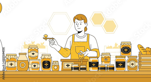 Artistic Depiction Of Beekeeper With Assorted Honey Jars At Farmers Market Stall