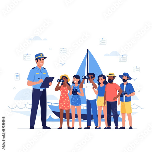 Border Patrol Officer Inspecting Tourists With Binoculars Near Sailboat