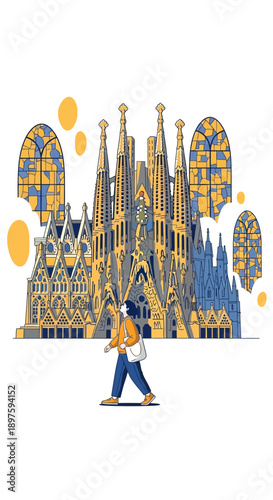 Artistic Depiction Of Iconic Barcelona Landmark With Tourist Strolling
