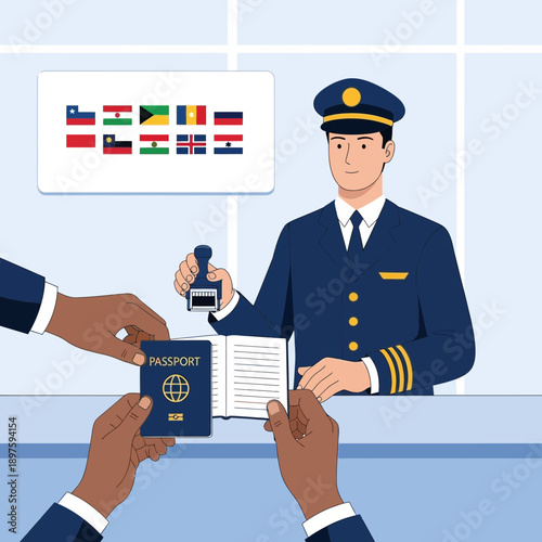 Border Control Officer Stamping Passport At International Travel Checkpoint