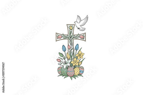 Easter cross adorned with colorful spring flowers, a dove, and decorated eggs, symbolizing renewal, hope, and faith for the holiday.