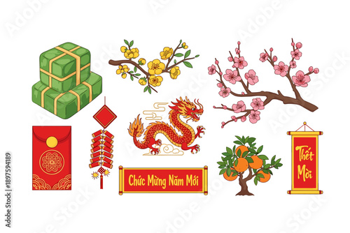 Vietnamese Tet New Year celebration elements, including traditional food, vibrant flowers, and festive decorations, are beautifully illustrated in this vibrant collection.