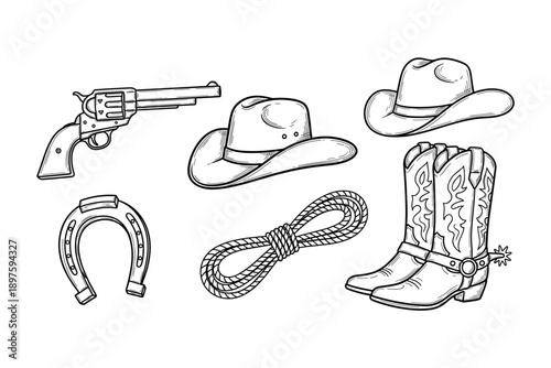 Classic cowboy hats, boots, revolver, horseshoe, and lasso are depicted in a vintage hand-drawn outline style, evoking the spirit of the Wild West.