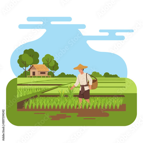 Asian Farmer Cultivating Rice Field With Traditional Hut and Trees Backdrop