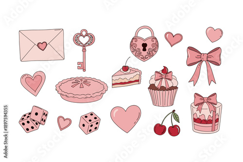 Cute pink love themed illustrations and sweet desserts are playfully arranged, featuring hearts, bows, keys, locks, cakes, cupcakes, pies, and dice, perfect for romantic designs.
