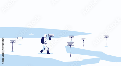 Astronaut Exploring Vast Alien Landscape Placing Markers Symbols Information Data