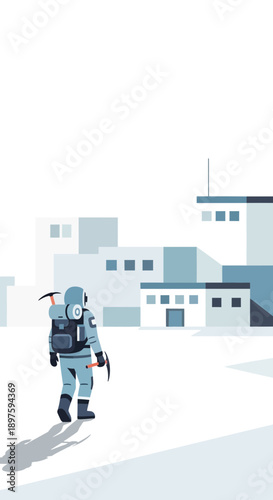 Astronaut Ventures Towards Futuristic Polar Research Station Building Exploration