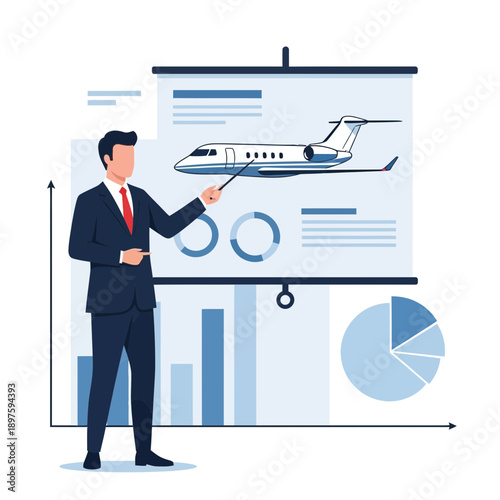 Business Executive Presenting Corporate Jet Industry Growth Strategies and Data Analysis