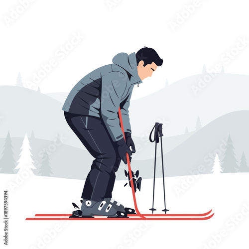 Athlete Adjusting Ski Bindings Preparing For Winter Sport Activity In Snowy Mountains