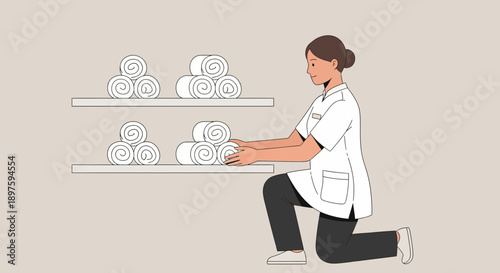 Attentive Caretaker Arranging Rolled Towels On Shelving For Hygiene