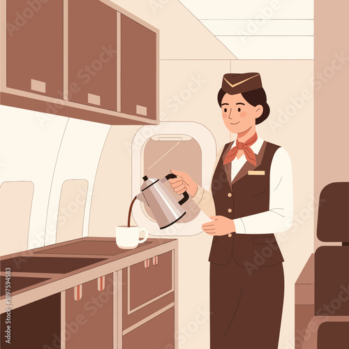Attentive Flight Attendant Serving Beverage Inside Airplane Cabin During Flight Service