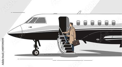 Businessman Ascends Private Jet Stairs Holding Briefcase Executive Travel