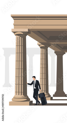 Businessman Walking With Luggage Towards Grand Columns Building Entrance