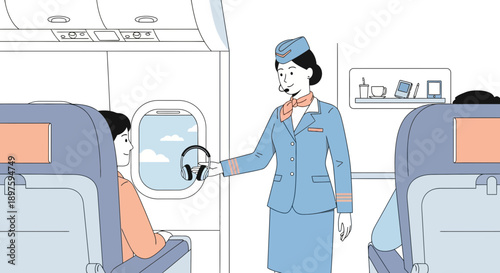 Cabin Crew Offers In-Flight Entertainment Headsets To Passenger Seated By The Window