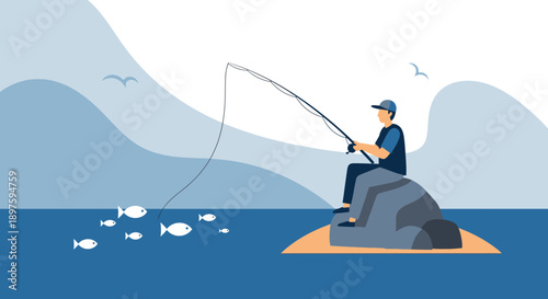 Calm Coastal Angler Casting Line Among Schools of Fish