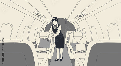 Aviation Attendant Prepares Cabin for Passenger Comfort and Service