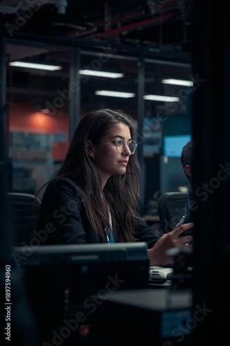 Young Woman Working in an Office at Night Focusing on Her Tasks With a Computer