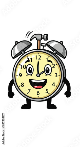 Cheerful cartoon alarm clock character with legs and smiling face.