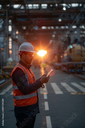 Worker Checks Smartphone During Sunset at Construction Site With Machinery in...