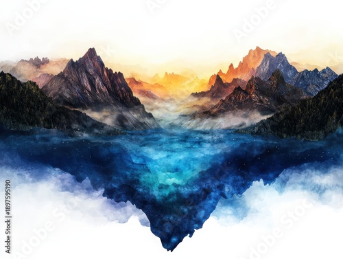 Surreal double exposure landscape with rugged mountains and misty valleys reflected in a vibrant turquoise and deep blue abstract water surface, set against a white background.