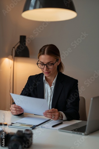 Woman Checking Documents in Modern Office During the Day in Front of Laptop a...