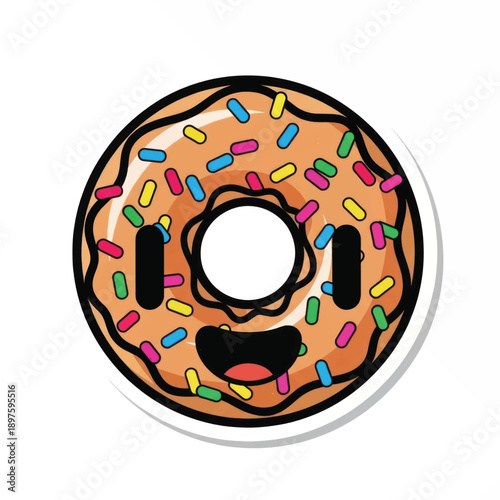 Smiling chocolate donut with colorful sprinkles resting on a plate for a tasty dessert moment.