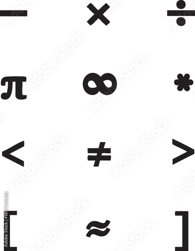Collection of mathematical symbols and signs including pi infinity and basic operations as simple black glyphs on a white background for education and science