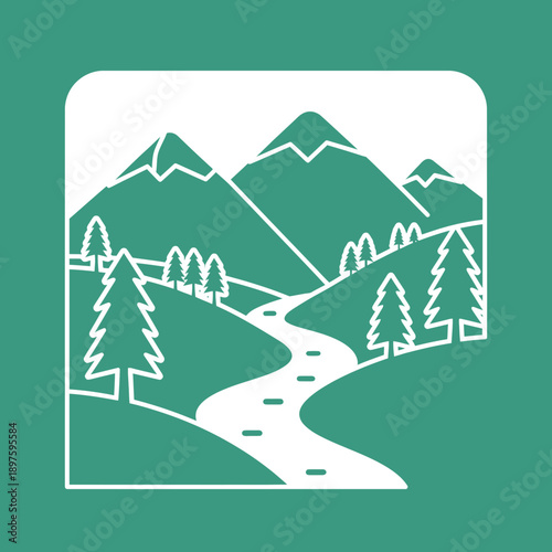 Mountain landscape with a winding river and pine trees in a minimalist style.