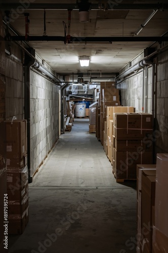 Storage Hallway With Stacked Boxes in a Dimly Lit Warehouse at Night