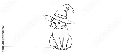 cat in witch hat line art halloween drawing