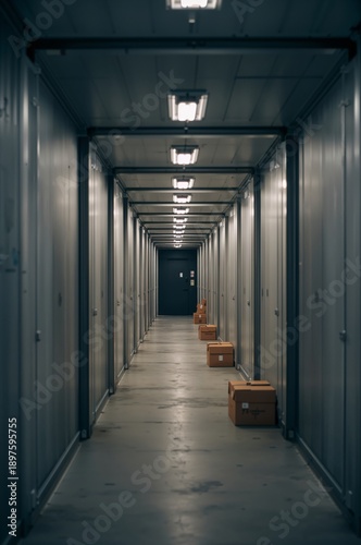 Storage Hallway With Boxes and Bright Lights in a Modern Facility