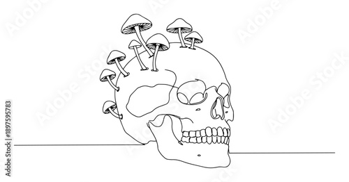 skull with mushrooms monoline drawing