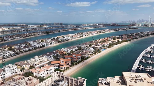 Aerial view of villas on Palm Jumeirah artificial island, Dubai, UAE