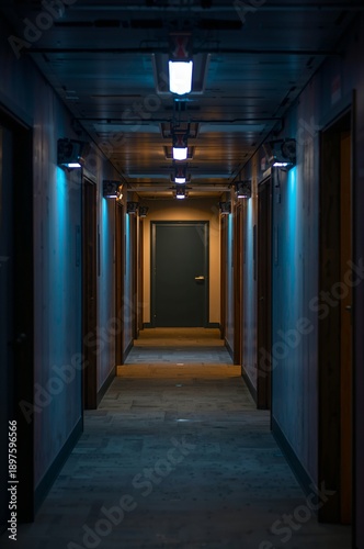 Lights Illuminate a Hallway Leading to a Door in a Building at Night in a Qui...