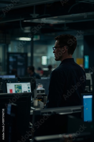 Man Standing in Office Looking at Computer Screens During Evening Hours in a ...