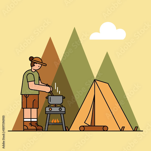 Campground Cooking Scene With Tent And Mountains Outdoor Recreation Lifestyle Illustration