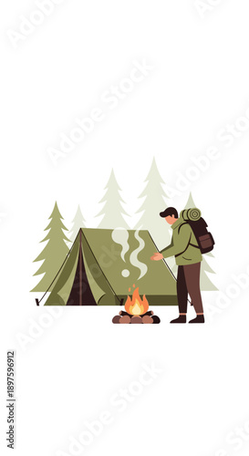 Camping Adventure Man By Campfire In Forest Landscape