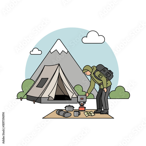 Camping Adventure Setup With Backpacking Gear And Mountain Scenery