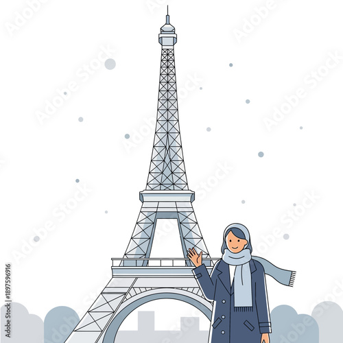 Charming Parisian Winter Scene with Eiffel Tower and Waving Tourist