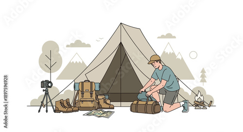 Camping Expedition Preparation Scene With Person Packing Gear