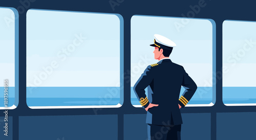 Captain Gazing Out At The Vast Ocean From A Ship Window