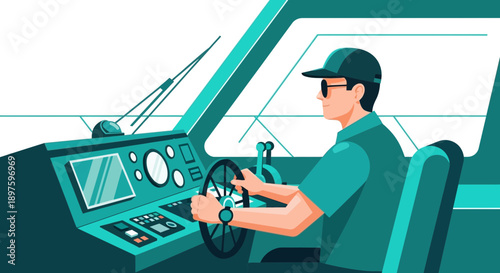 Captain Piloting A Modern Vessel Across Calm Waters