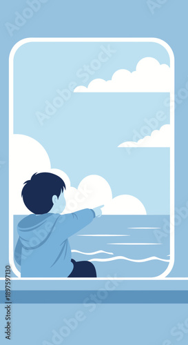 Child Gazing Out Window At Horizon Clouds Over Sea