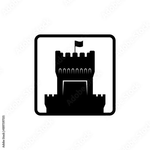 Simple black silhouette of a medieval castle tower with a flag on top, enclosed in a rounded square frame.