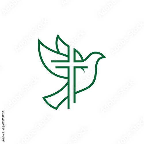 Minimalist green outline logo depicting a dove in flight with its body integrated as a Christian cross, symbolizing peace and faith.